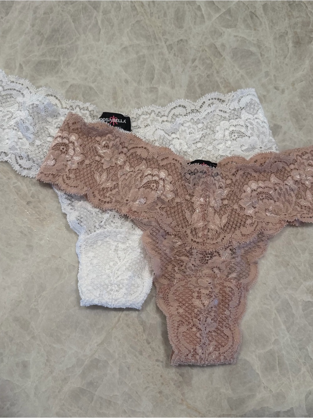 Cosabella Lace Thongs in White and Rose Taupe